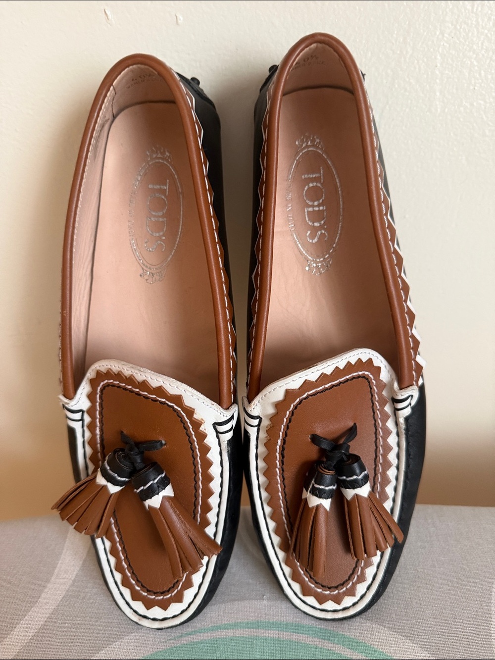 TOD'S Brown, Black & White Tassel Leather Loafers, new